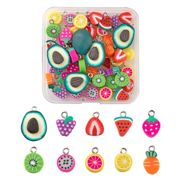 Fruit pendants, fimo, mixed colours, 10-16mm, plastic box of 50