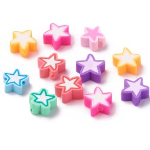 Fimo beads, stars, mixed colors, approx. 10x10x4mm, 1,5mm hole, 20pcs