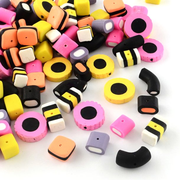 Fimo beads, imitation liquorice, mix, approx. 9-23x10-23x11 mm, 1.5 mm hole, 6 pcs