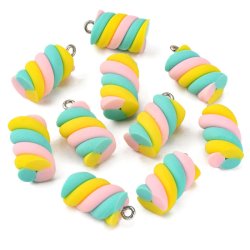 Anh&auml;nger, fimo, Marshmallow-Imitat mit Metall&ouml;se, gr&uuml;n-gelb-pink, Ma&szlig;e 17x10 mm, 2 Stck