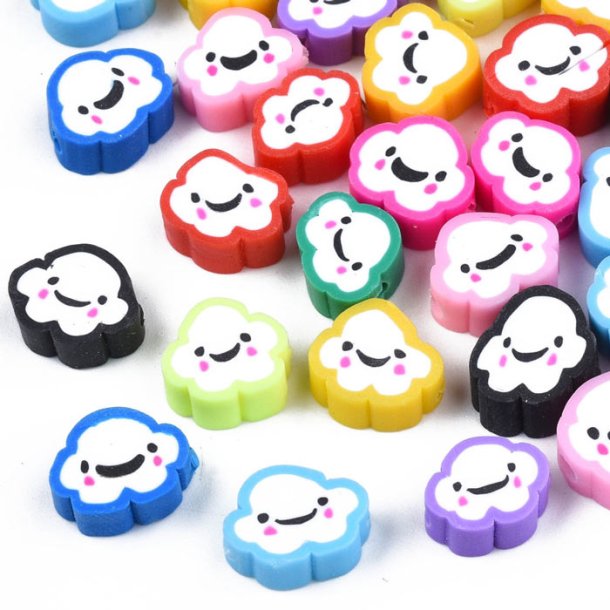 Fimo beads, happy clouds, mixed colors, approx. 8x10x4mm, 1,5mm hole, 20pcs