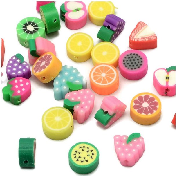 Fimo beads, fruits, mixed colors, ca. 10x10x4mm, 1,5mm hole, 20pcs