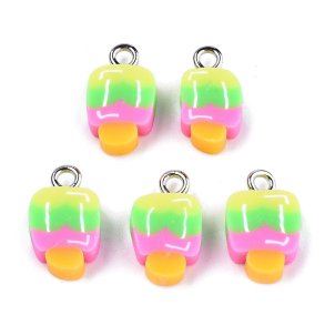 Fimo pendant, popsicle stick, yellow, pink, green, 14x8x4, inner eye diameter 2 mm, 4 pcs