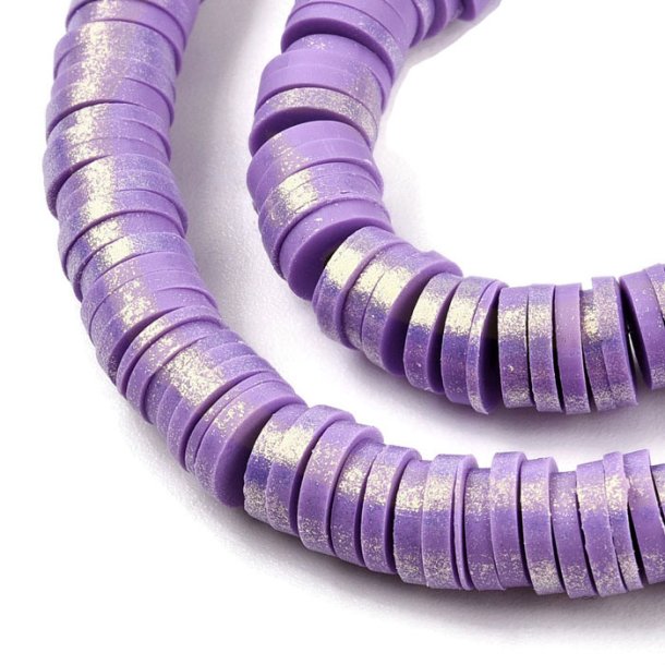 Fimo beads, full strand, Heishi, coin shape, purple with golden pearlescent lustre, 6x1 mm, approx. 