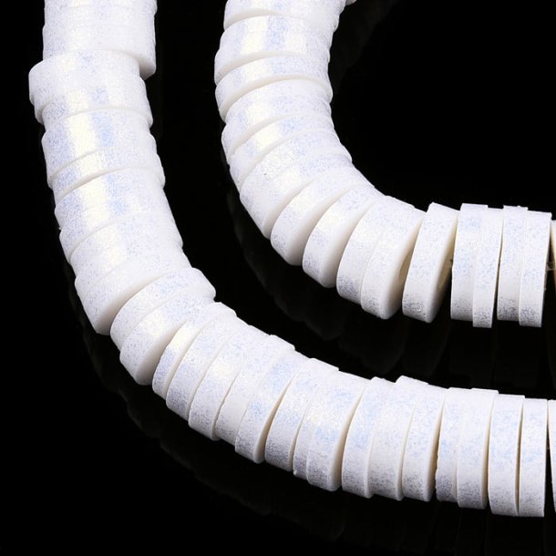 Fimo beads, full strand, Heishi, coin shape, white with pearlescent lustre, 6x1 mm, approx. 