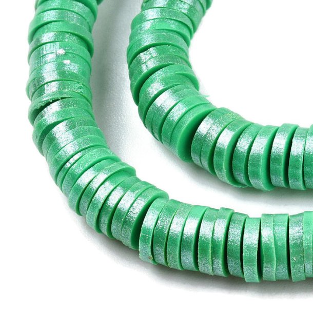 Fimo beads, full strand, Heishi, coin shape, green w. mother of pearl lust, 6x1 mm, approx. 400 pcs.