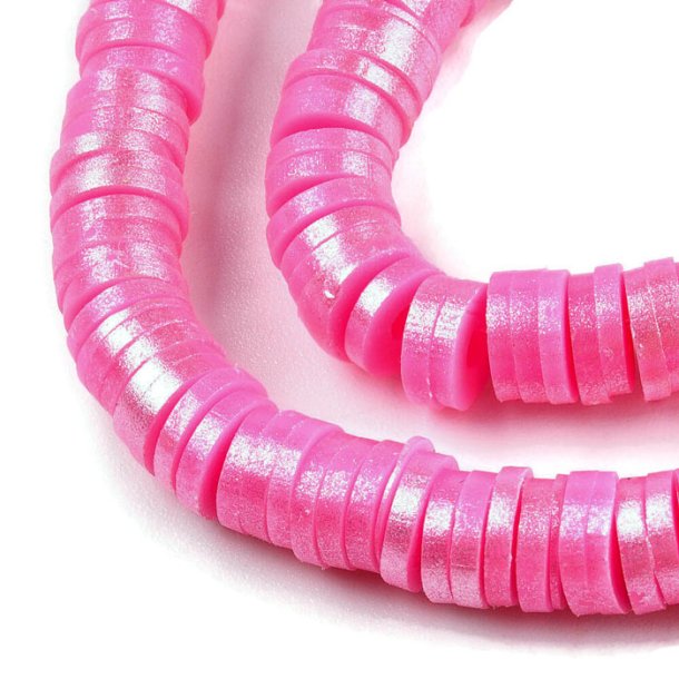 Fimo beads, full strand, Heishi, coin shape, pink with golden pearlescent lustre, 6x1 mm, approx. 