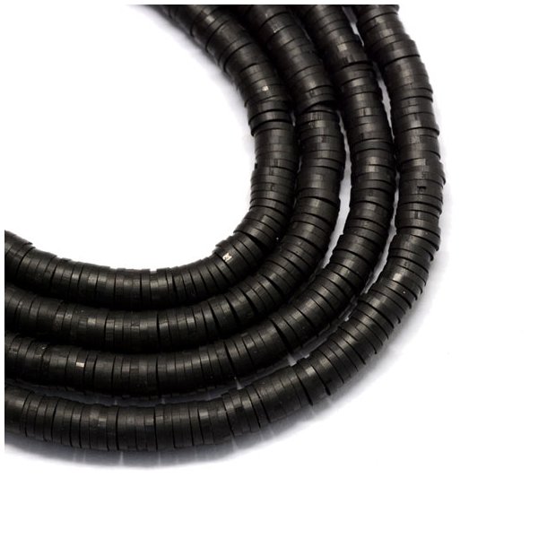 Fimo-Perlen, ganzer Strang, Heishi, M&uuml;ntzenform, schwarz, 6x1 mm, 380 Stk.