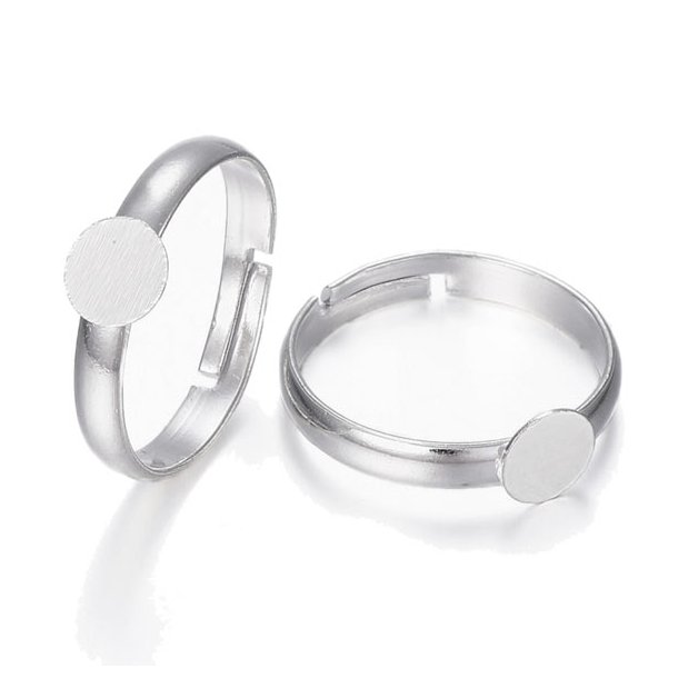 Finger ring, silver-plated brass, adjustable size, 6mm plate, 1pc.
