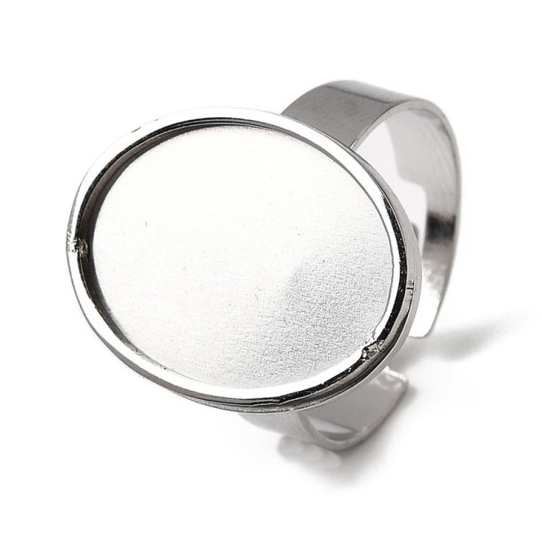 Fingerring, rustfrit st�l med oval sk�l, 13,5x18 mm, justerbar, 1 stk.