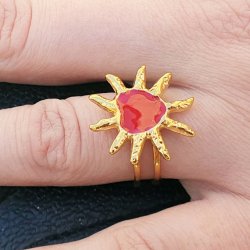 Fingerring mit rotem Herz, vergoldeter Stahl, gr��enverstellbar 54�60, 1 Stck