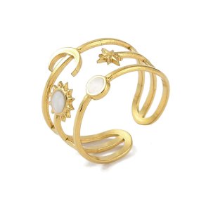 Fingerring med sol, m�ne, stjerne, forgyldt st�l, justerbar St�rr.: 52-58, 1 stk