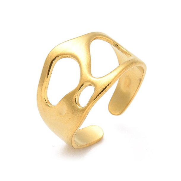 Fingerring, organiske udsk�ringer, forgyldt st�l, justerbar St�rr. 54-60, 1 stk