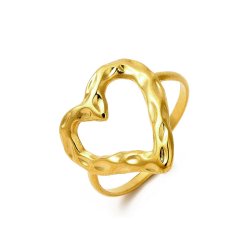 Ring with hammered outline heart design, gold-plated steel, adjustable size 52�58, 1 pc