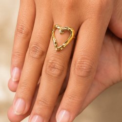 Ring with hammered outline heart design, gold-plated steel, adjustable size 52�58, 1 pc