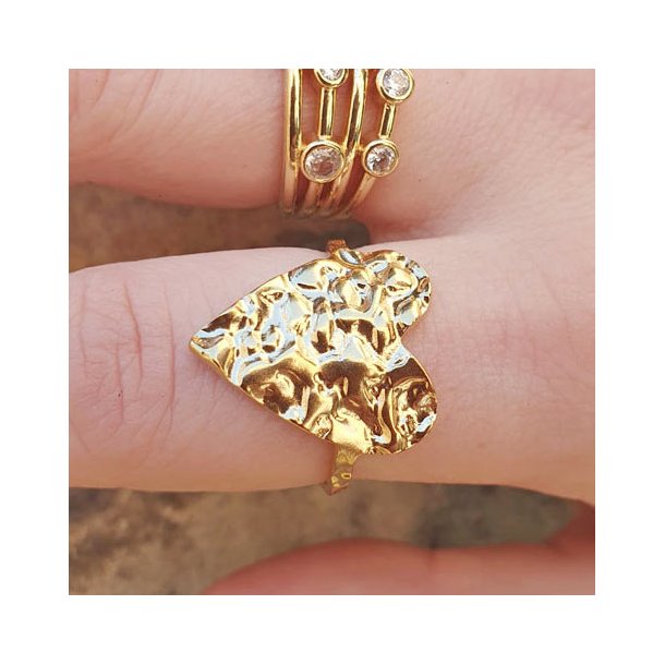 Fingerring mit geh�mmertem Herz, vergoldeter Stahl, gr��enverstellbar 54�60, 1 Stck