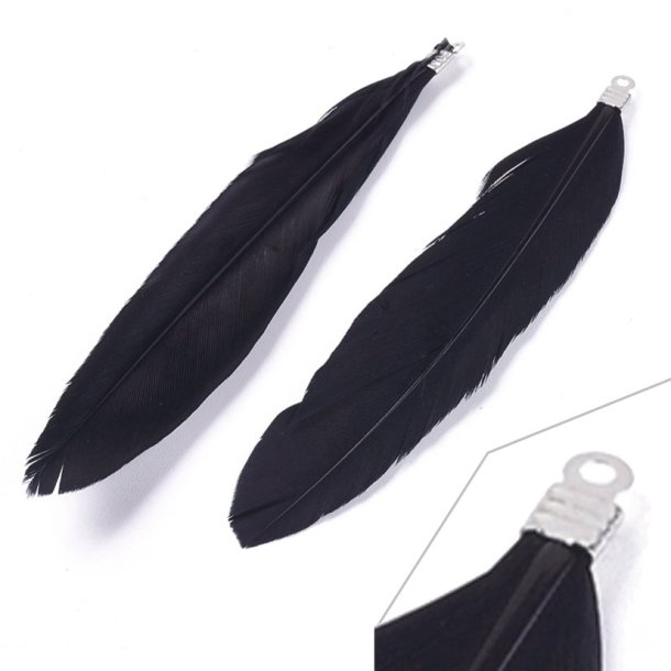 Goose feather, pendant with eyelet, dyed, black, length approx. 7-8 cm, 6 pcs