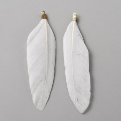 Feather pendants with gold-tone loops, grey-white, approx. 72x14 mm, 6 pcs