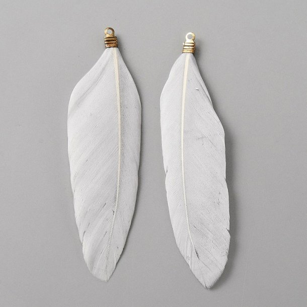 Feather pendants with gold-tone loops, grey-white, approx. 72x14 mm, 6 pcs