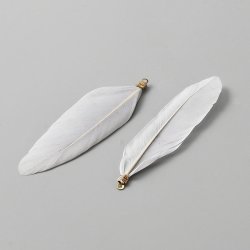 Feather pendants with gold-tone loops, grey-white, approx. 72x14 mm, 6 pcs