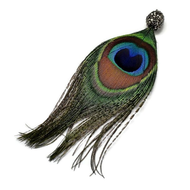 Pendant, peacock feather with rhinestone bead, length approx. 12-15 cm, 1 pc.