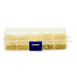 Materialmix in Box, Headpins, Ohrhaken, Perlenschalen, sen, vergoldetes Messing, 1 Stk