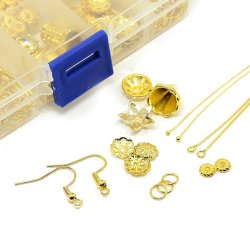 Materialmix in Box, Headpins, Ohrhaken, Perlenschalen, sen, vergoldetes Messing, 1 Stk