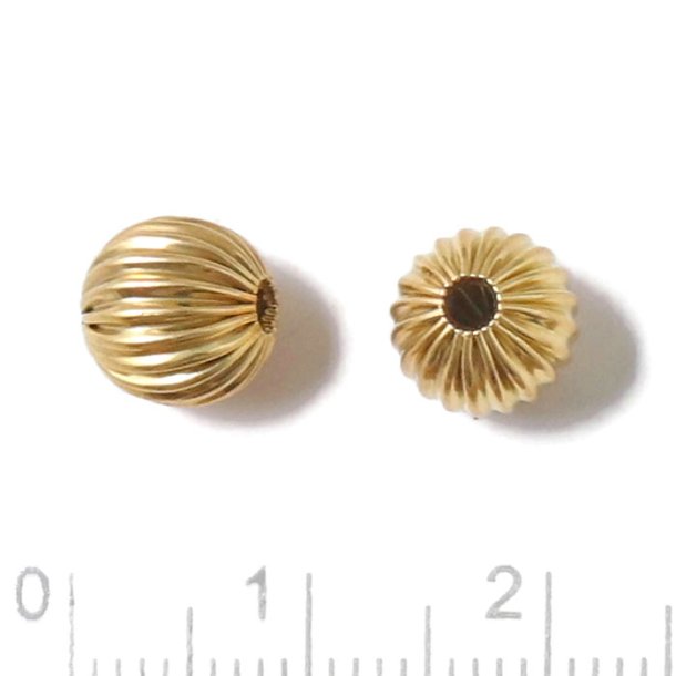 Silver bead, hollow, grooved, round, gold plated silver, diameter 8 mm, 1 pc.
