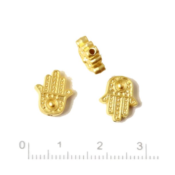 Hamsa hand bead, gold plated brass, 12x10x3mm, holesize 1.5mm, 2pcs.