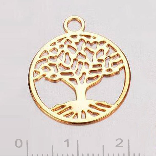 Tree of life, large pendant, gold plated brass, round, 20x23.5x0.5mm, 2pcs.