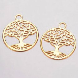 Lebensbaum, gro&szlig;e Anh&auml;nger, rund, vergoldetes Messing, 20x23,5x0,5 mm, 2 Stk