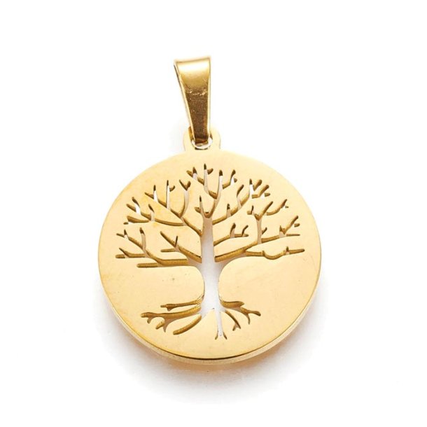 Pendant, gold plated stainless steel, flat round, tree of life, 17x1.5mm, 1pc