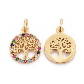 Anhnger, vergoldeter Stahl, flach, rund, Zirkonia und Baum des Lebens, 12x1,5 mm, 1 Stk