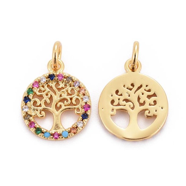Pendant, gold plated stainless steel, flat round, tree of life with Zircon, 12x1.5mm, 1pc