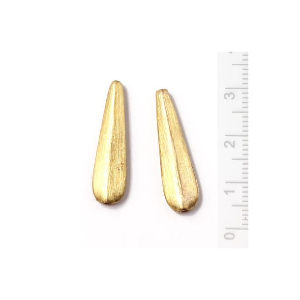 Long flat drop-shape, antique gold-plated brass, rustic, vertical hole, 27x4x8mm, 2pcs.