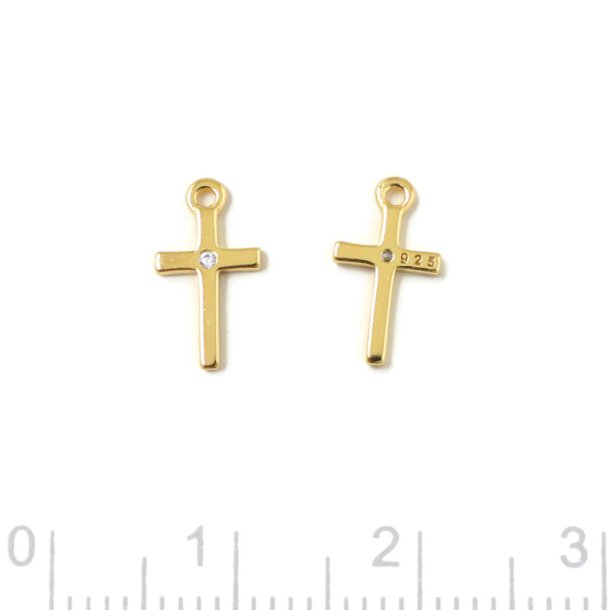 Small cross pendant with zircon and loop, gold-plated silver, 10.5x6 mm. 2 pcs