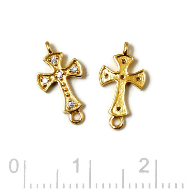 Kreuz, Anh&auml;nger mit zwei &Ouml;sen und Zirkonen, vergoldetes silber, 14x7,5 mm, 1 Stk