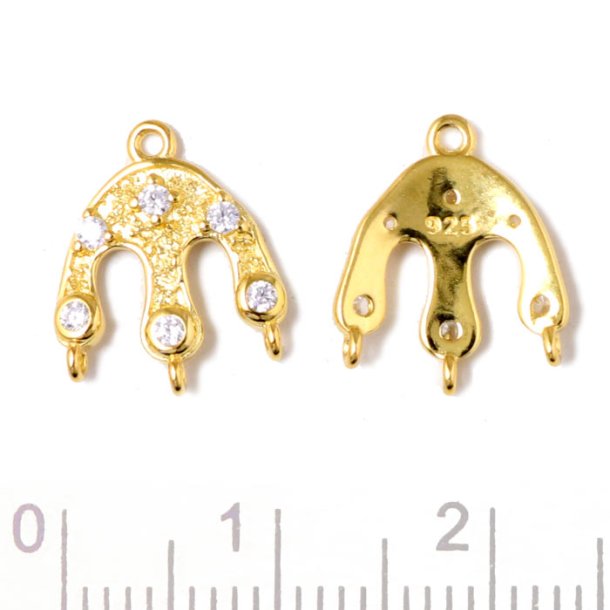 Three-fork link with 4 eyes and zircons, gold plated silver, 13,5x11 mm, 2pcs