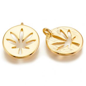 Hemp leaf charm, durable gilded steel, diameter 12 mm, 1pc.