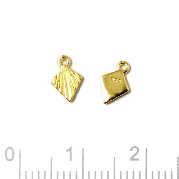 Charm, diamond shape with facetted stripes and loop, gold plated silver, 7.5x5mm, 2pc