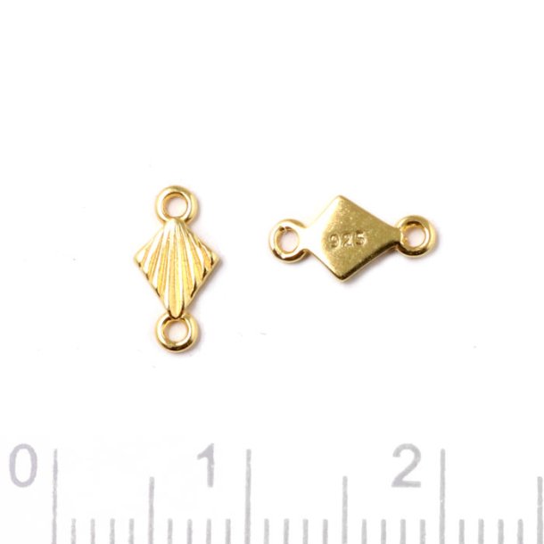 Link, diamond shape with facetted stripes and 2 loops, gold plated silver, 8.5x5mm, 2pcs