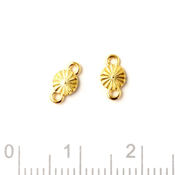 Link, round with sun beam facets and 2 loops, gold-plated silver, 4x8x1mm, 2pc