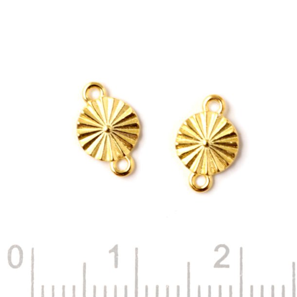 Link, round with sun beam facets and 2 loops, gold-plated silver, 6x9x1mm, 2pc