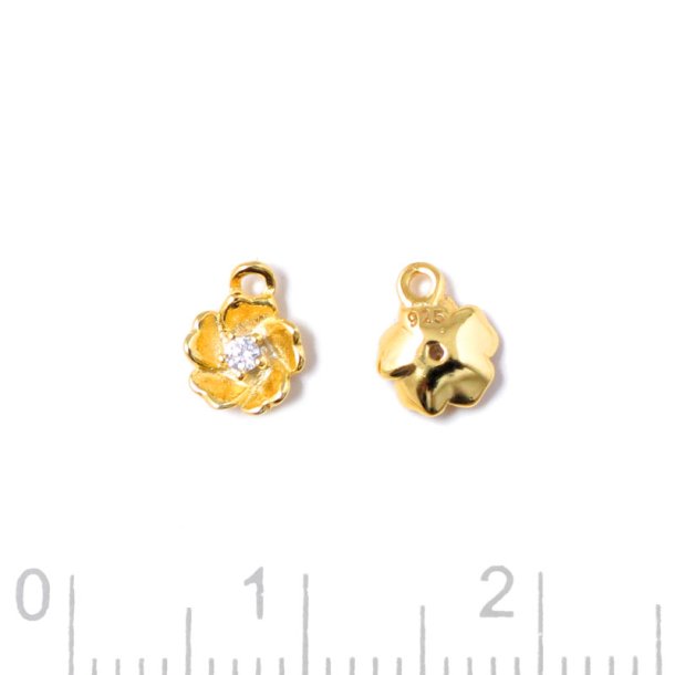 Pendant, small flower with CZ, 1 loop, gold-plated silver, 5.4x6.7x1.8 mm, 2 pcs