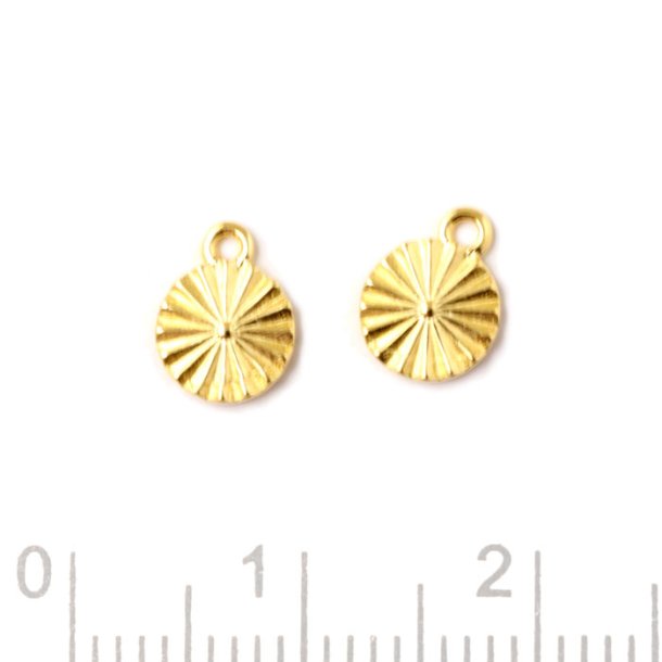 Charm, round with sun beam facets and loop, gold-plated silver, 6x8x1,2mm, 2pc