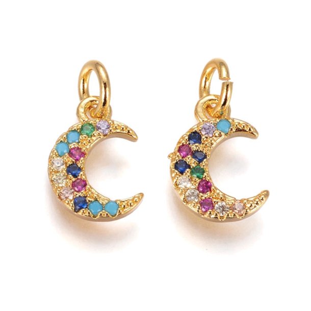 Crescent moon with 13 zirconia and jumpring, gilded brass, 11x8x2mm, 2pcs