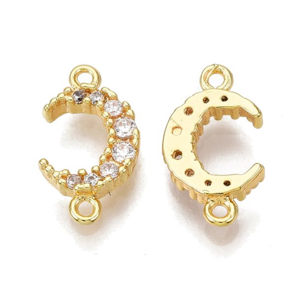 Link, Crescent moon with CZ and 2 loops, gilded brass, 13x7x2,5mm, 2pcs