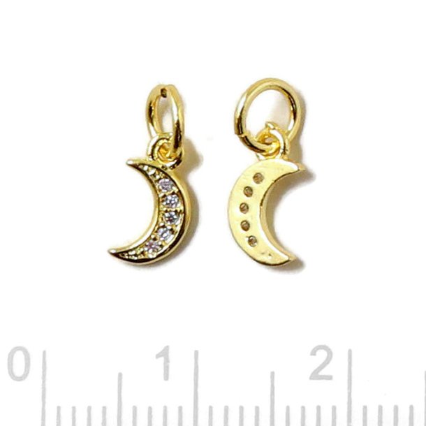 Crescent moon with clear zirconia and jumpring, gilded steel, 9x5x1mm, 2pcs