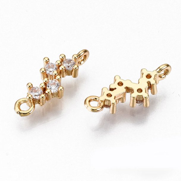 Link, ornament with zircon, gold plated brass, 2 loops, 13x5x2 mm, 2 pcs