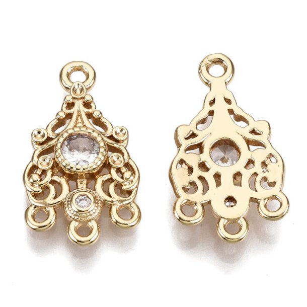 Chandelier link with zircon, light gold plated brass, 4 eyelets, 18,5x10,5x3 mm, 2 pcs
